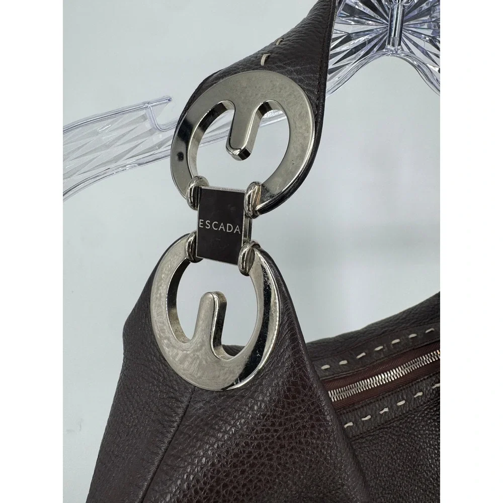Vintage Escada Hobo Bag Purse L Brown Pebbled Leather Whipstitch Silver Italy